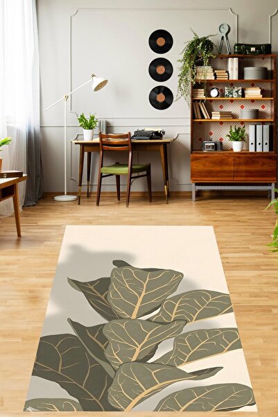 on the clouds Krem Rengi Zemin Yaprak Desenli Yıkanabilir Kaymaz Taban Leke T...