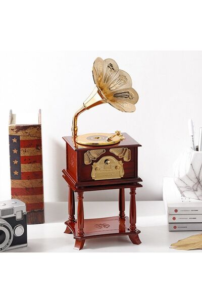 hediyesahibi Nostaljik Sehpalı Ahşap Görünümlü Gramofon Müzik Kutusu