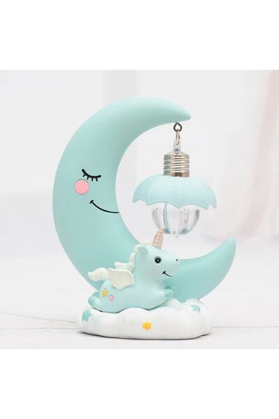 hediyesahibi Dekoratif Ay Dede Ve Minik Unicorn Temalı Masa Lambası Ve Biblo Mavi