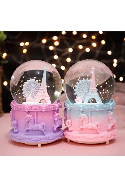 hediyesahibi Eyfel Kulesi Işıklı Müzikli Püskürtmeli Büyük Boy Kar Küresi-pembe