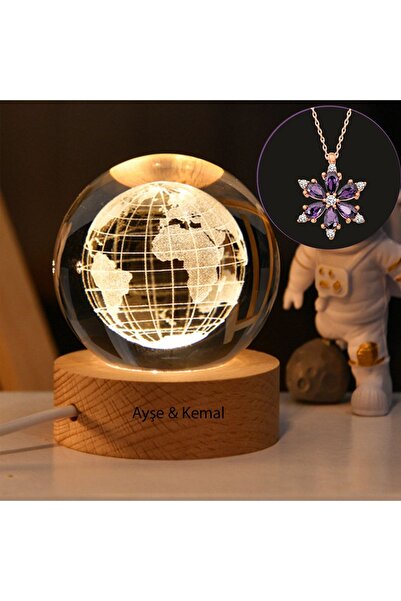 hediyesahibi Kişiye Özel Dekoratif Işıklı Ahşap Kaideli Dünya Tasarımlı 3d Ca...