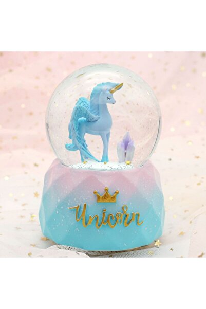hediyesahibi Unicorn Temalı Orta Boy Işıklı Müzikli Kar Küresi-mavi