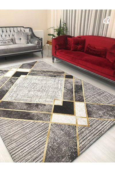 Madame Clean Home Βελούδινο κάλυμμα χαλιού - Μαύρο γκρι χρυσό ριγέ μοντέλο, ελαστικό