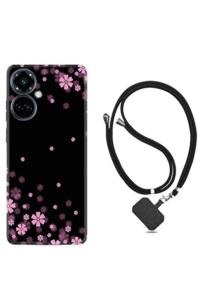 TECNO Camon 19 Pro Kılıf Ipli Boyun Askılı Desenli Silikon Black Flowers 1391