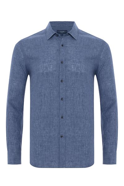 Germirli Blue Linen Tailor Fit Shirt - Soft Collar and Delave