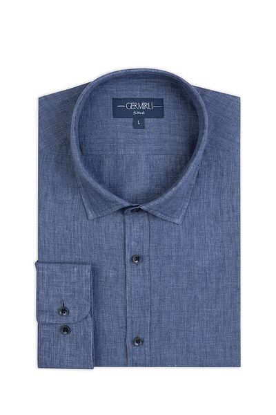 Germirli Blue Linen Tailor Fit Shirt - Soft Collar and Delave