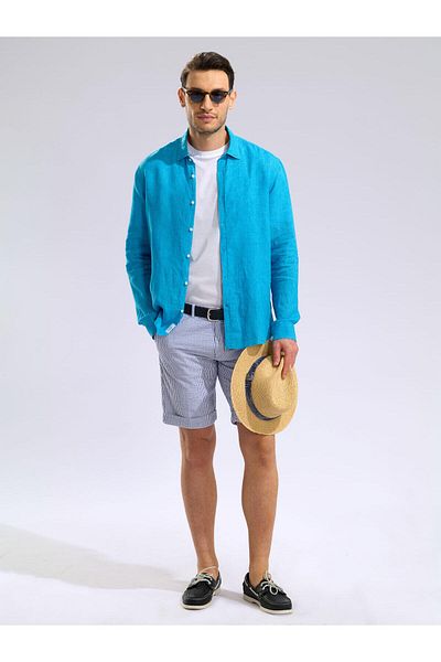 Germirli Turquoise Blue Delave Linen Shirt - Soft Collar, Tailor Fit