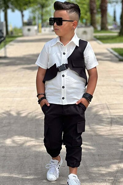 Riccotarz Black Shirt and Cargo Pocket Set for Boy - Neck Buttoned