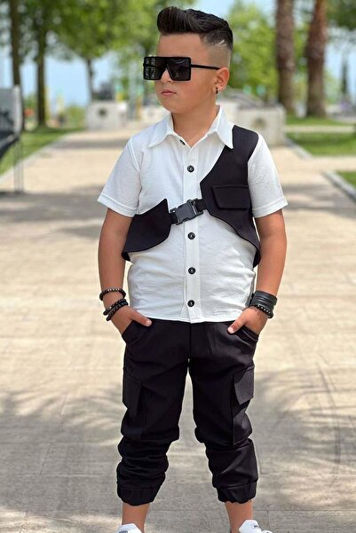 Riccotarz Black Shirt and Cargo Pocket Set for Boy - Neck Buttoned