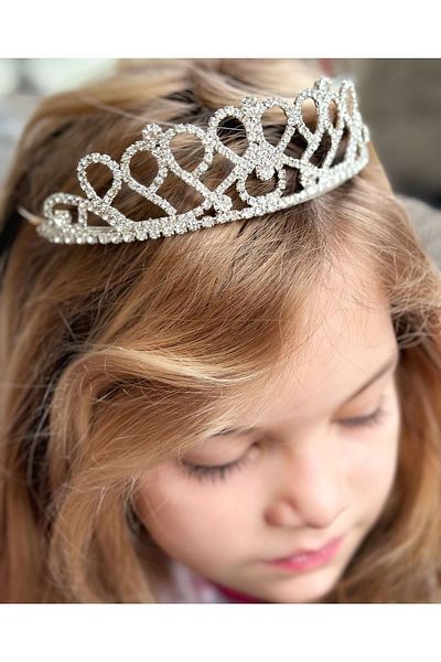 QUEEN AKSESUAR Luxury Metal Silver Crystal Motif Jewelled Princess Queen Bridal Birthday Crown Special Day Children's Crown No2