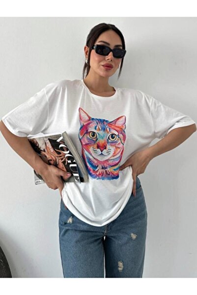 Oyer Moda Cat Patterned Ecru Short Sleeve T-shirt