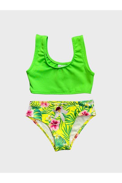 ALİŞ KİDS Green Floral Patterned Girl's Bikini Set - 3 Pieces with Pareo