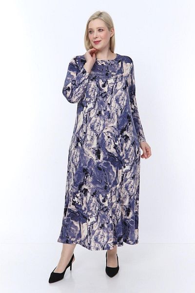 ŞENZADE Women's Purple Viscose Fabric Print Pattern Large Size Dress