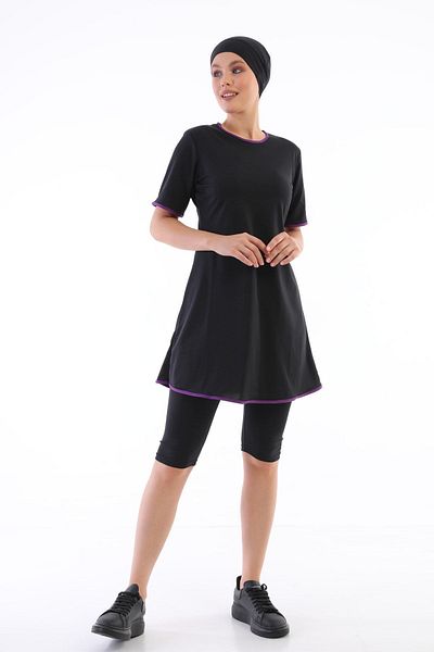 Asgard Tesettür Semi Covered Purple Black Swimsuit - Ribbed