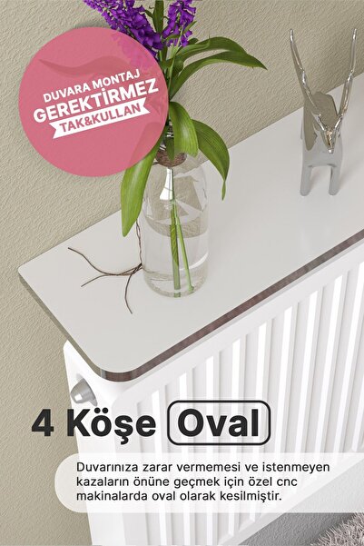 lefty Petek Üstü Uçan Raf Dresuar Kalorifer Peteği Rafı Kitaplık 100 X 18 Cm Beyaz Gümüş Oval Kesim