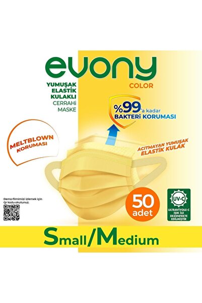 Evony Color Sarı Yumuşak Elastik Kulaklı Maske 50 Adet