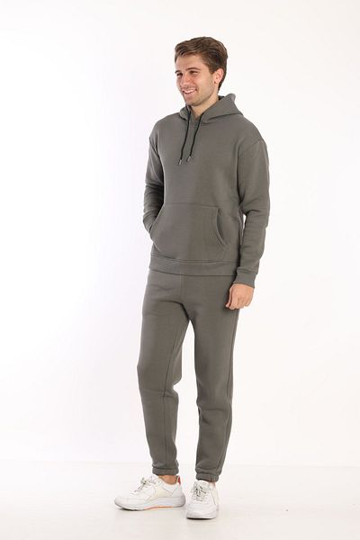 NEED LİFE Men's Light Khaki Winter Cotton Hooded Kangaroo Pocket Comfortable Fit Tracksuit Set