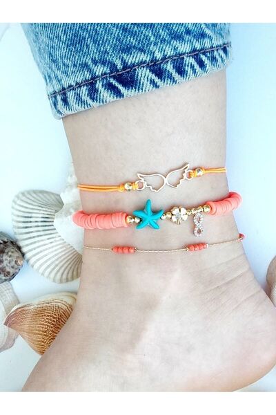 By Song Aksesuar مجموعة ثلاثية من الخلخال البرتقالي ونجمة البحر الزرقاء