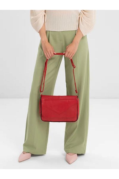 Erzeno Red Genuine Leather Multi-Eye Cross Strap Inner Lined Shoulder Bag