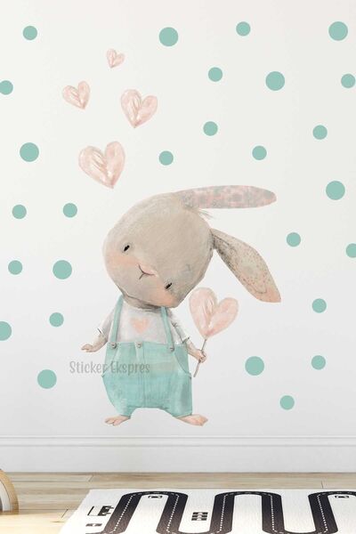 Sticker Ekspres Yeşil Tulumlu Tavşan Ve Puantiyeler Çocuk Odası Duvar Sticker...