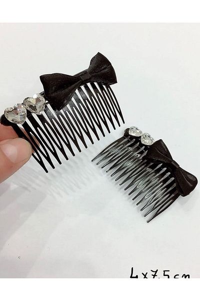 Rachel Set of 2 Comb Buckles with Black Heart Stones and Bow