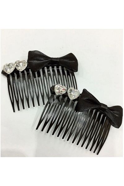 Rachel Set of 2 Comb Buckles with Black Heart Stones and Bow