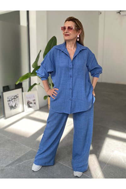 MAABMODA بدلة نسائية زرقاء قميص كتان بنطلون بدلة مزدوجة