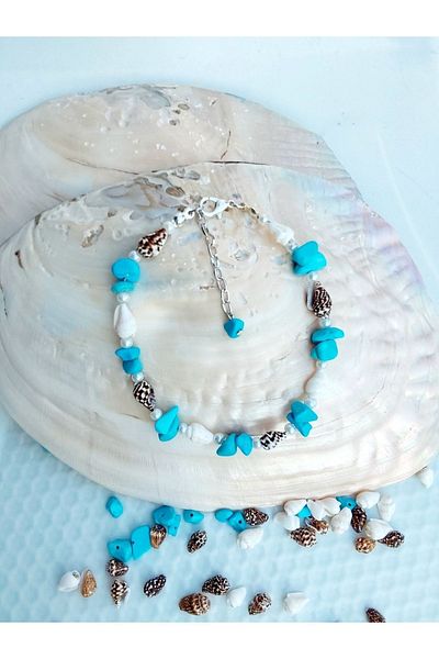 By Song Aksesuar Blue turquoise natural stone shell anklets