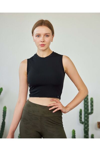 cervus Top sport crop cu bretele groase, cu gâtul rotund, negru