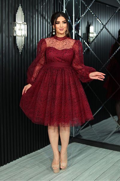 Matik Abiyem Black Tulle Patterned - Transparent Sleeve and Belt Short Evening Dress