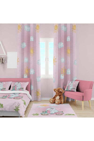 EVSEHOMES ДИТЯЧИЙ КОМПЛЕКТ «СЛОН НА ВЕЛОСИПЕДІ» (ШТОРИ, ПОКРІВЛЯ ДЛЯ ЛІЖКА ТА...