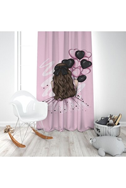 EVSEHOMES Pembe Balonlu Kız Çocuk Odası Takım fon Perde Yatak Örtüsü ve Yastı...