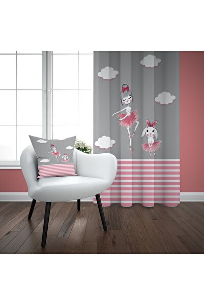 EVSEHOMES Gri Şeritli Tavşanlı Balerin Çocuk Odası Tek Kanat Fon Perde