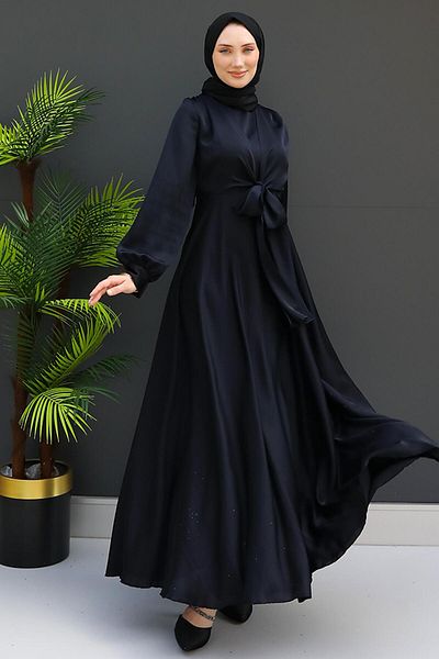 GİZ AGİYİM Dark Navy Blue Waist Knotted Dress