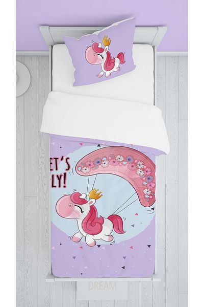 EVSEHOMES Flying Unicorn Children's Room Suit (Fon Curtain - Bed Cover and Pillow - Case)