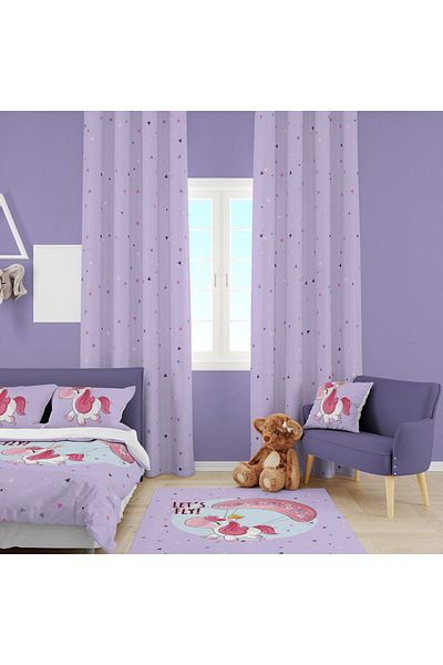 EVSEHOMES Flying Unicorn Children's Room Suit (Fon Curtain - Bed Cover and Pillow - Case)