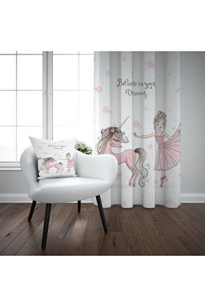 EVSEHOMES Pembe Ünicorn Balerin Kız Çocuk Odası Fon Perde
