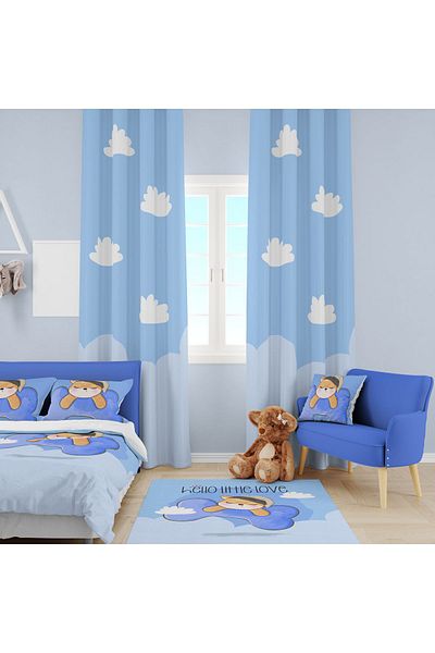 EVSEHOMES Sleeping Dog Children's Room Suit (Fon Curtain - Bed Cover and Pillow - Case)
