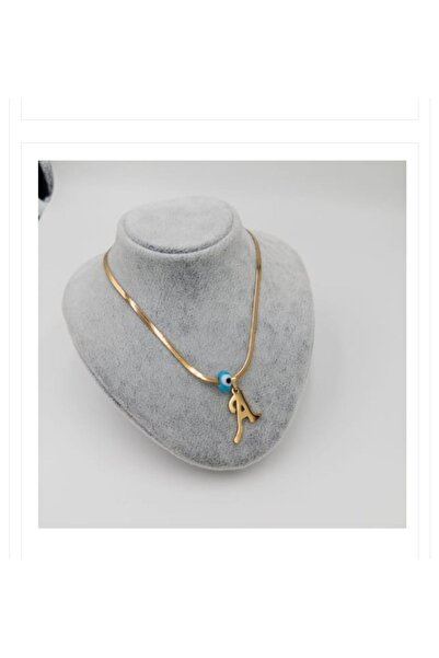 EMKSHOP Kadın 316L Paslanmaz Çelik Mavi Boncuklu A Harfi Kolye