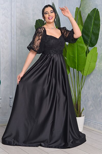 Matik Abiyem Asatet Saten Esnek Tül Üzerine Simli Flok Abiye