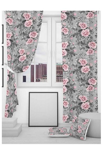 EVSEHOMES Evsehome Gray Pink Flowers Kitchen Background Curtain