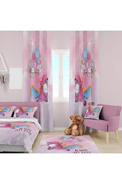EVSEHOMES SEVİMLİ UNICORN ÇOCUK ODASI TAKIM (FON PERDE- YATAK ÖRTÜSÜ VE YASTI...