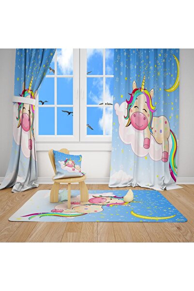 EVSEHOMES Dijital Baskı Bulut Ve Ünicorn Takım (fon Perde- Yatak Örtüsü Ve Ya...