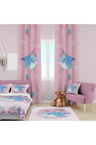 EVSEHOMES Dolphin Unicorn Children's Room Set - Background Curtain, Bedspread and Pillow Rug