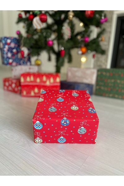 eylülün etiket fabrikası Gift Wrapping Paper - 5 M. New Year's Pattern with Red Background - New Year's Eve Christmas New Year Wrapping Paper
