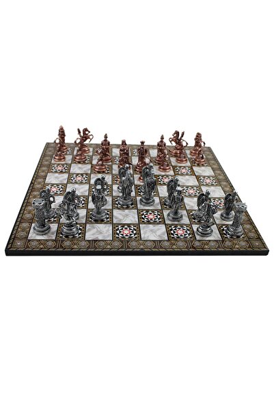 Gift Home Orta Boy Metal Osmanlı Bizans Satranç Takımı Antik Bakır Ve Sedef Desenli Mdf Ahşap Satranç Tahtası