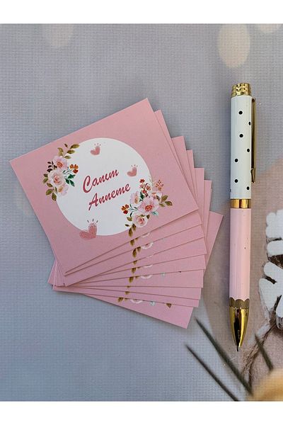 eylülün etiket fabrikası Mother's Day Note / Thank You / Envelope Card 6,7-8,2 cmPink Background Floral Model for My Dear Mother - 30 Pieces