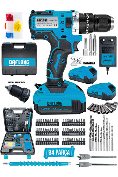 DAFLONG DARBELİ Matkap 58 V 5ah Li-İON Çift Metal Şanzuman Çift Akülü Şarjlı Matkap 84 Parça Set Hediyeli