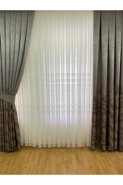 NİVEMESHOME Knitted Tulle Curtain - Middle Belt and Mesh