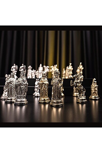 Gift Home Gifthome Büyük Boy Metal Osmanlı-bizans Satranç Takımı Parlak Ve Mermer Desenli Sandıklı Mdf Tahtası